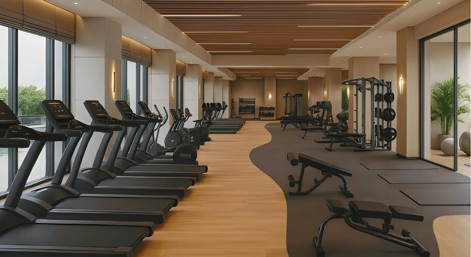 Prosvětlená posilovna Fitness Okruh s řadou běžeckých pásů u velkých oken